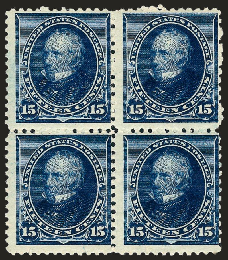 15c Indigo (227).> Mint N.H. block of four, intense color, mild vertical gum bend, centered to right, perfs clear to just touch, Scott Retail as four Mint N.H. singles