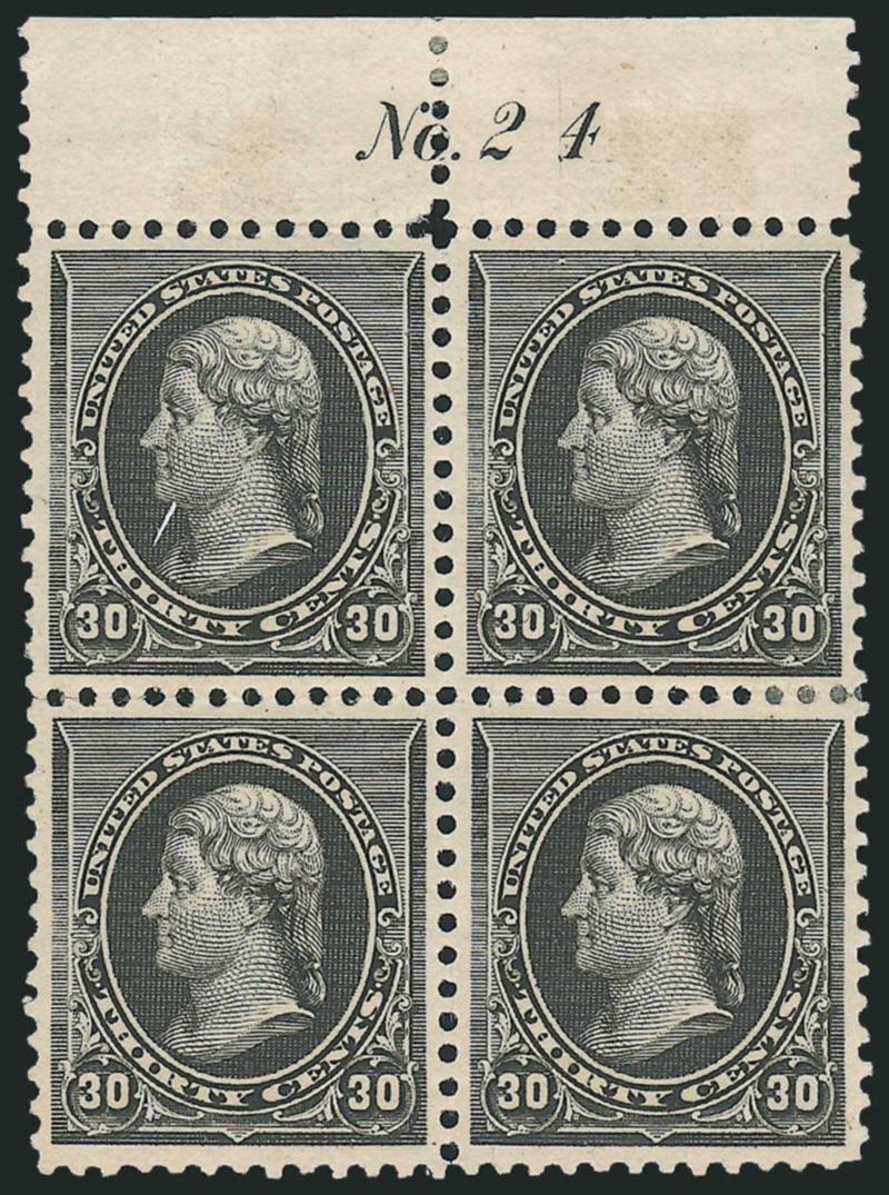 30c Black (228).> Block of four with <plate no. 24> in selvage at top, original gum, lightly hinged, few tiny hinge reinforcements, well-centered, Very Fine, a choice and scarce multiple