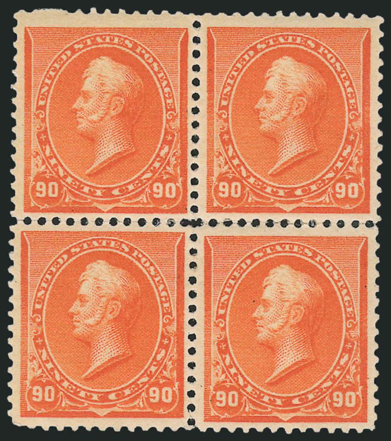 90c Orange (229).> Block of four, original gum, slight disturbance from hinge removal at center, few unpunched perfs at top, still vibrant and well-centered, Very Fine, most blocks of this quality have been
decimated for the singles market