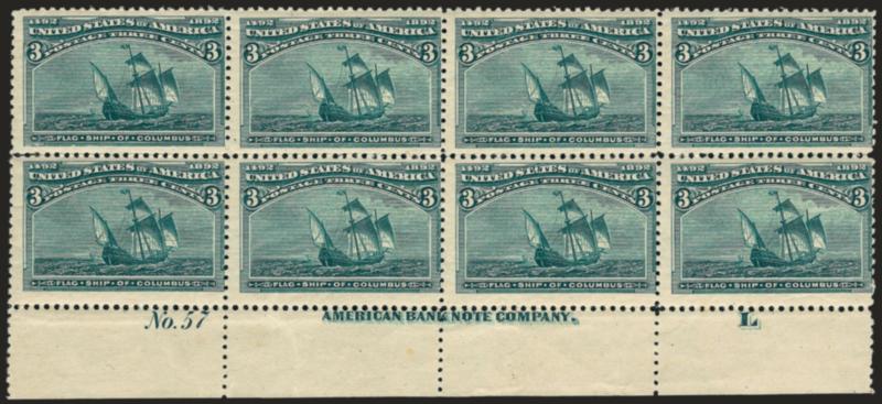 3c Columbian (232).> Mint N.H. bottom imprint, L and plate no. 57 block of eight, top left stamp small tear, tiny gum toning specks, otherwise Very Good