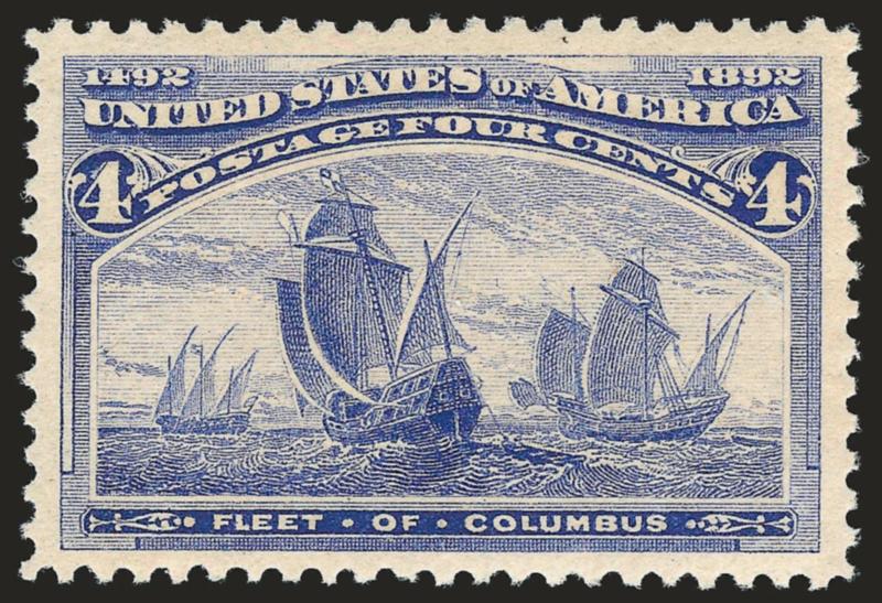 4c Columbian (233).> Mint N.H., brilliant color and detailed impression on bright paper, choice centering with Jumbo margins<><>^EXTREMELY FINE GEM. A SUPERB MINT NEVER-HINGED EXAMPLE OF THE 4-CENT COLUMBAIN
ISSUE WHICH HAS BEEN GRADED XF-SUPERB 95