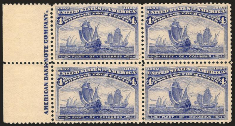 4c Columbian (233).> Block of four with left imprint selvage, original gum, top pair tiny h.r. on one, bottom pair Mint N.H., Fine-Very Fine