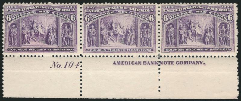 6c Columbian (235).> Mint N.H. bottom imprint and plate no. 104 strip of three, nice color, Fine-Very Fine, Scott Retail as three Mint N.H. singles