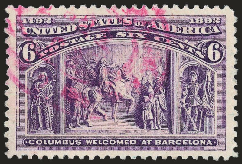 6c Columbian (235).> Wide margins and wonderful centering, rich color, bright <magenta New York Supplementary Mail Ty. G> cancel, Extremely Fine, with 1999 P.F. certificate, Scott Retail for ordinary N.Y.
Supplementary Mail cancel
