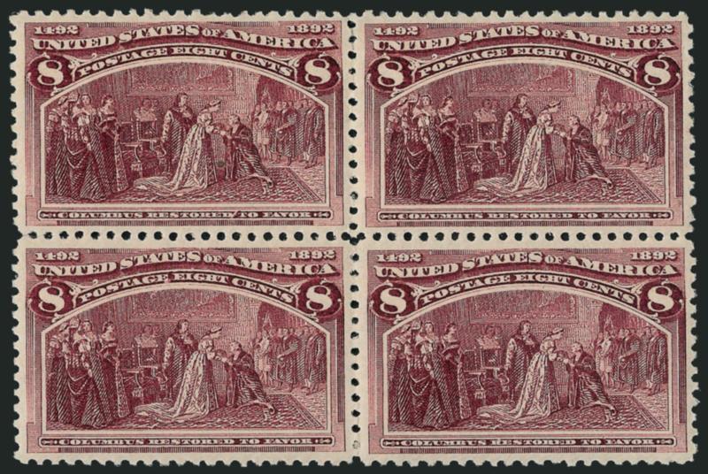 8c Columbian (236).> Block of four, original gum, pos. 1 and 4 Mint N.H., wonderful rich color and exceptionally well-centered, Extremely Fine, with 2007 P.S.E. certificate