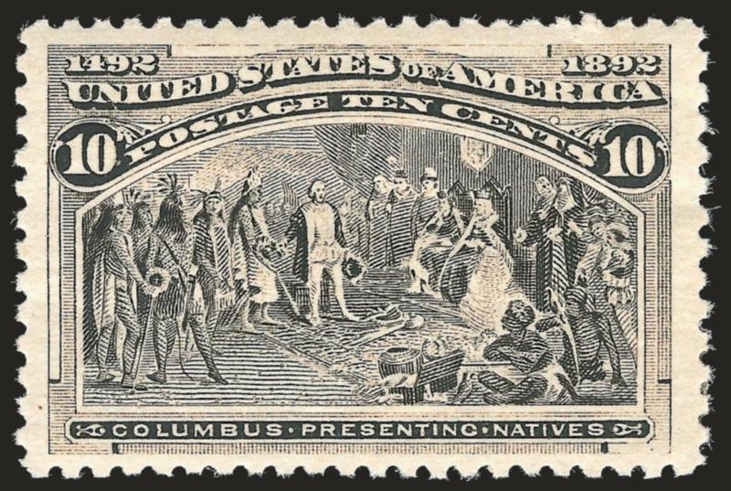10c Columbian (237).> Original gum, h.r., radiant color, unusually choice centering with wide margins, faint natural gum bend at top right, Extremely Fine, a surprisingly difficult issue to obtain with such
choice centering
