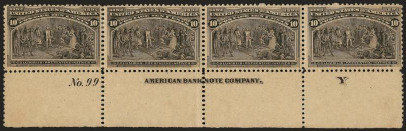 10c Columbian (237).> Bottom imprint, Y and plate no. 99 strip of four, original gum, couple h.r.,couple light toning spots, otherwise Fine-Very Fine, pos. 3 rather nice