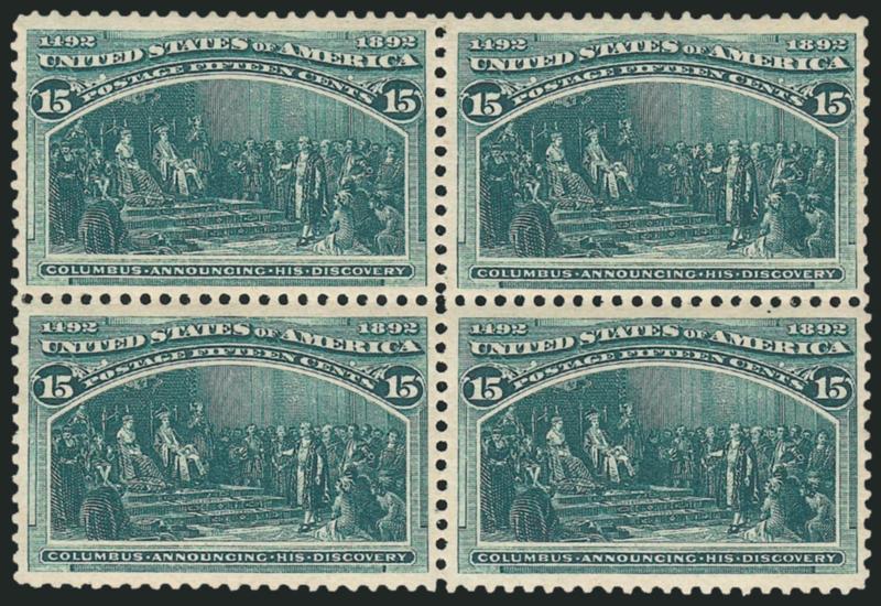 15c Columbian (238).> Block of four, original gum, lightly hinged, deep rich color, choice centered, Very Fine-Extremely Fine, a lovely block, with 1986 P.F. certificate