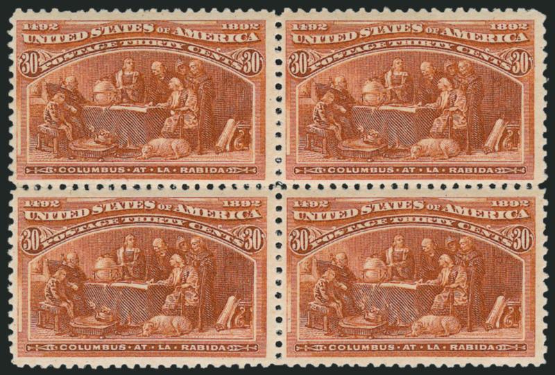 30c Columbian (239).> Mint N.H. block of four, gorgeous rich color and proof-like impression, bright and fresh paper, tiny natural inclusion at top left, Fine-Very Fine