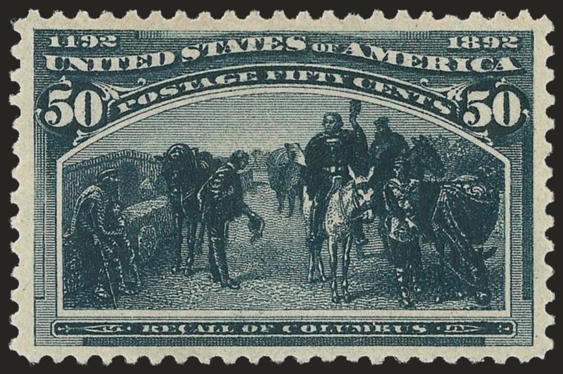 50c Columbian (240).> Original gum, lightly hinged, lovely margins and centering, exceptionally dark color, Extremely Fine, with 2008 P.S.E. certificate (XF 90 SMQ $1,050.00)