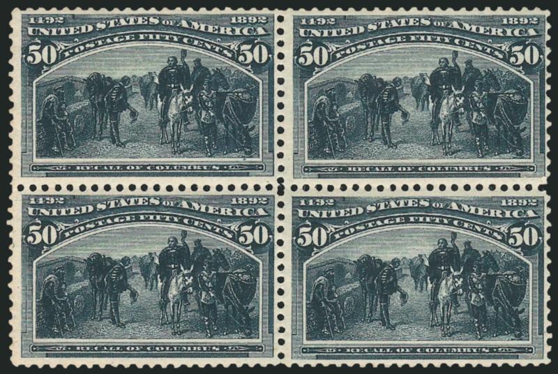 50c Columbian (240).> Block of four, original gum, lightly hinged, intense shade, couple trivial toned spots on left pair, otherwise Fine