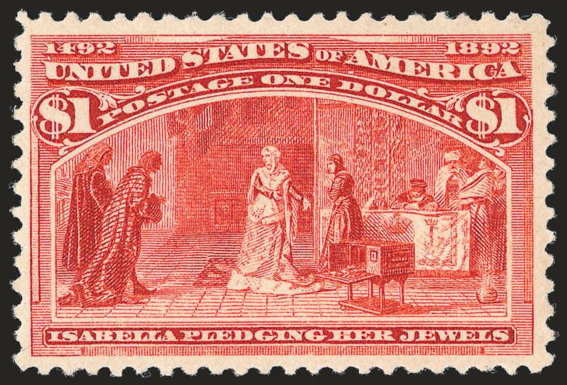 $1.00 Columbian (241).> Mint N.H., fresh and crisp with choice margins, beautiful fiery color<><>^VERY FINE. A BEAUTIFUL POST-OFFICE FRESH MINT NEVER-HINGED $1.00 COLUMBIAN.^<><>With 2002 P.F.
certificate