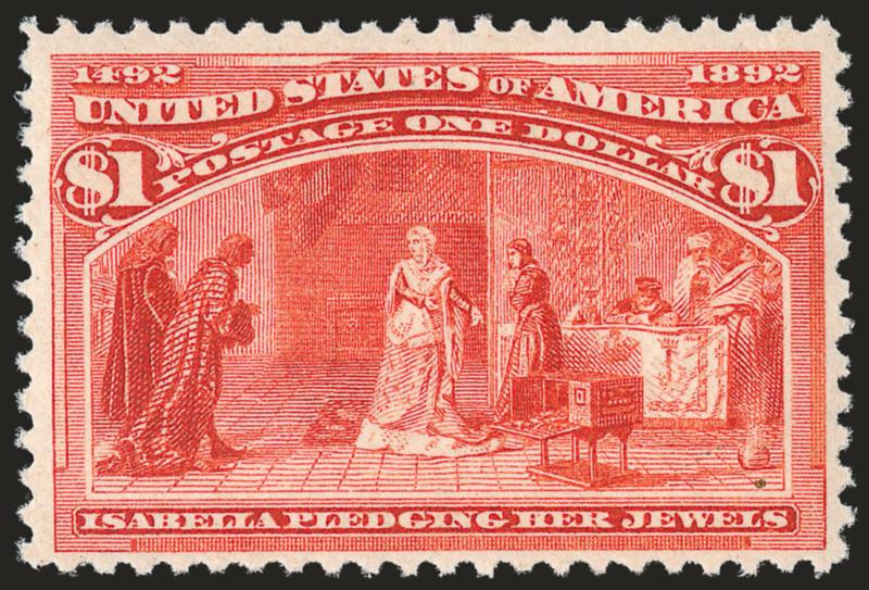 $1.00 Columbian (241).> Mint N.H., crisp, radiant color, attractive centering, Very Fine, with photocopy of 2004 P.F. certificate for a vertical strip of five (bottom stamp)