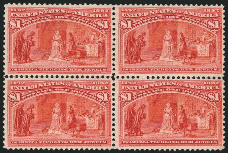 $1.00 Columbian (241).> Block of four, original gum, a few light hinge marks and perf separations, rich color, Fine-Very Fine, a desirable block of this Columbian dollar value