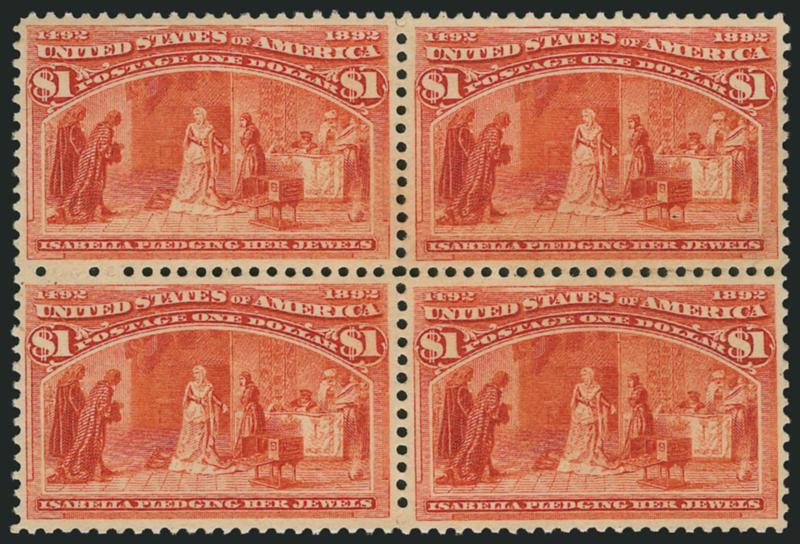 $1.00 Columbian (241).> Block of four, sweated original gum or possibly regummed, each stamp almost perfectly centered, fresh and bright color<><>^EXTREMELY FINE. A SUPERBLY-CENTERED BLOCK OF FOUR OF THE $1.00
COLUMBIAN.^<><>Scarce with such choi