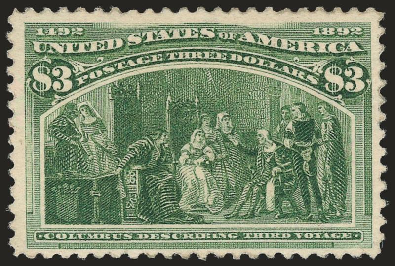 $3.00 Columbian (243).> Original gum, deep rich color, tiny trivial gum soak in right margin, otherwise Fine