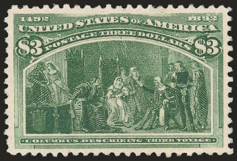$3.00 Olive Green, Columbian (243a).> Unused (no gum), magnificent centering with choice color and impression, Extremely Fine Gem, with 2008 P.S.E. certificate (XF-Superb 95 SMQ $1,800.00)