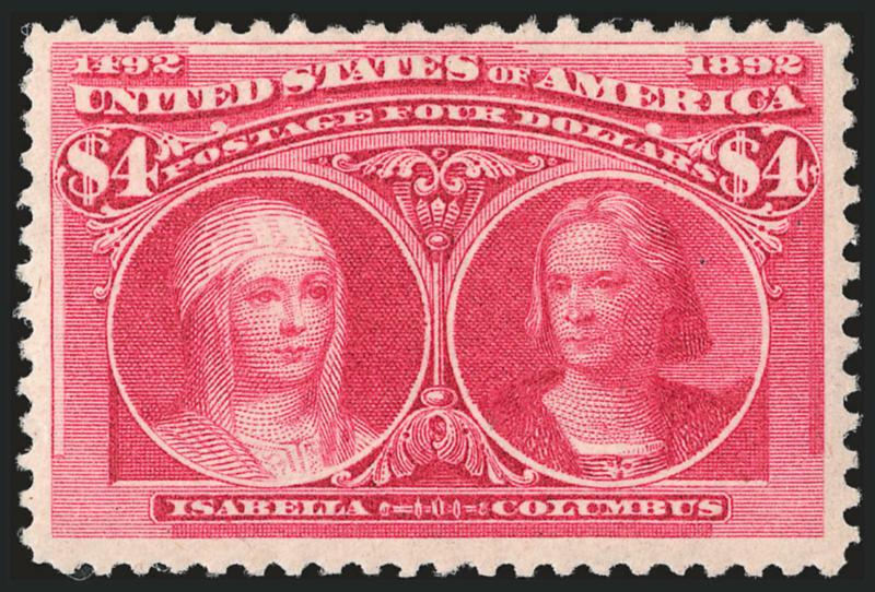 $4.00 Columbian (244).> Slightly disturbed original gum, lightly hinged, deep rich color, couple tiny natural gum inclusion specks, Fine and attractive, with 2007 P.F. certificate