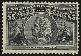 $4.00, $5.00 Columbian (244-245).> $4.00 disturbed original gum, $5.00 only traces of original gum, former tiny surface indent to right of Isabellas head, latter couple tiny toning specks in right margin,
otherwise Fine