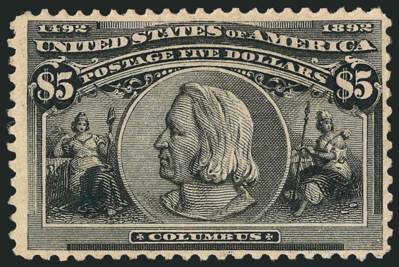 $5.00 Columbian (245).> Disturbed original gum from hinge removal, intense shade, reperfed at top, tiny thin spot, Fine appearance