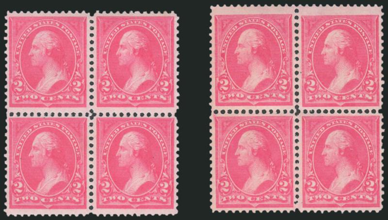 2c Pink, Ty. I (248).> Two blocks of four, slightly different shades, original gum, one has some spotty disturbance on gum, otherwise Fine-Very Fine