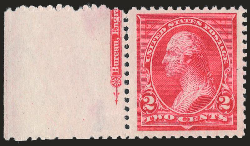 2c Carmine, Ty. I (250).> Mint N.H. with part left imprint selvage, large Jumbo margins with vivid color, Very Fine and choice, with 2008 P.S.E. certificate (VF-XF 85 Jumbo SMQ $170.00 as 85, $340.00 as
90)