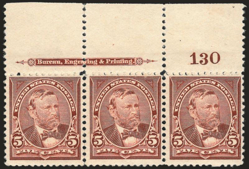 5c Chocolate (255).> Top imprint and plate no. 130 strip of three, original gum, left stamp lightly hinged, middle and right very faint hinge marks, pretty color, Fine