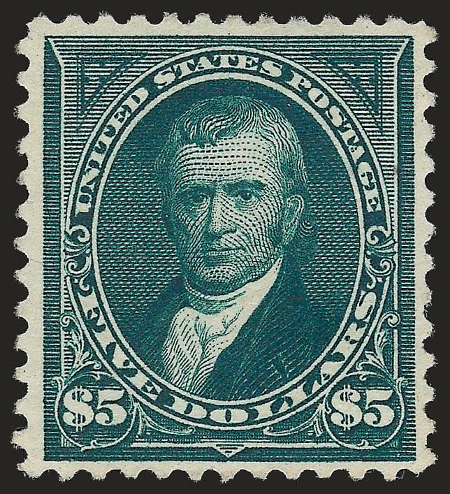 $5.00 Dark Green (263).> Original gum, lightly hinged, attractively centered, wonderful deep rich color<><>^VERY FINE. A DESIRABLE EXAMPLE OF THE $5.00 1894 UNWATERMARKED BUREAU ISSUE.^<><> With 1971 and 2007
P.F. certificates