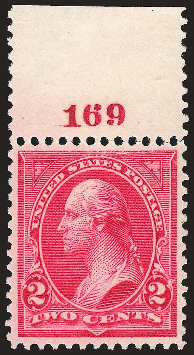 2c Carmine, Ty. II (266).> Mint N.H. with top plate no. 169 (mostly separated), marvelous centering and vivid color, Extremely Fine, with 2008 P.F. certificate (XF 90 SMQ $445.00)