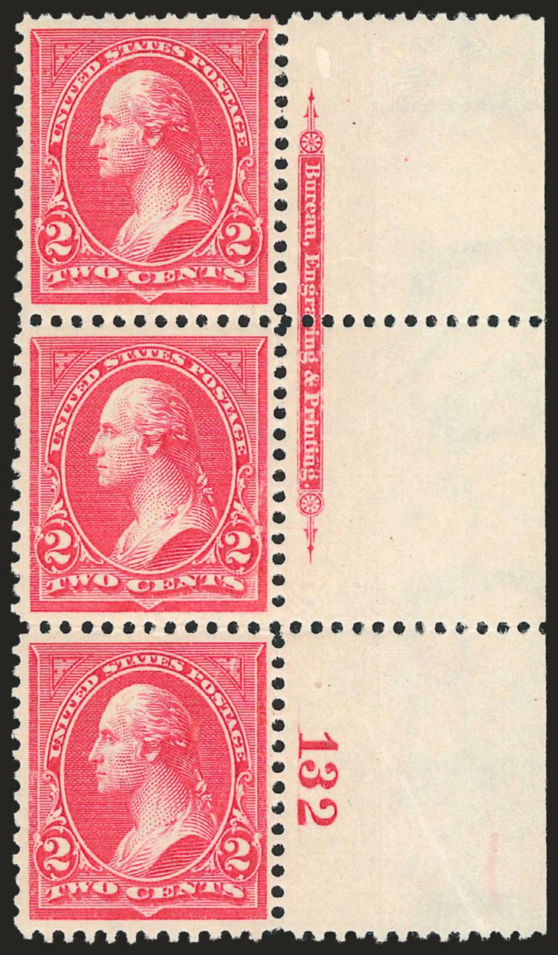 2c Carmine, Ty. II (266).> Mint N.H. right imprint and plate no. 132 strip of three, outstanding centering, fresh and crisp, Extremely Fine, lovely multiple