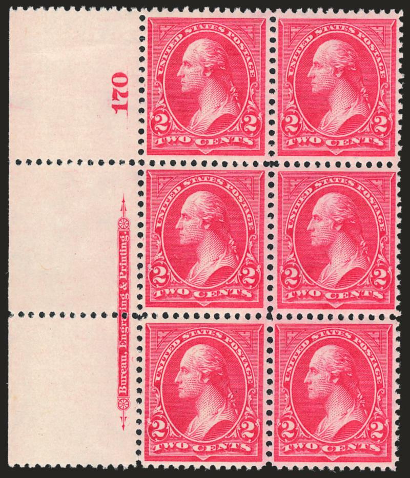 2c Carmine, Ty. II (266).> Mint N.H. left imprint and plate no. 170 block of six, particularly well-centered, fresh and bright, Extremely Fine, exceptionally difficult to find this nice, with 2008 P.S.E.
certificate