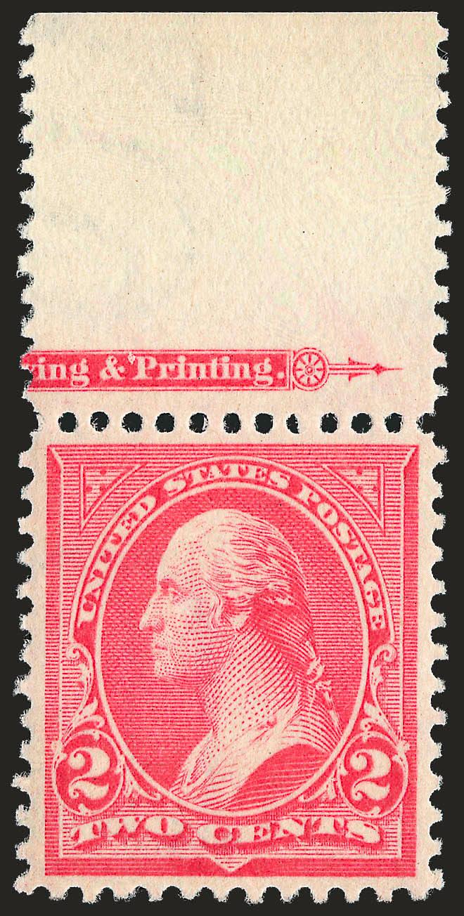 2c Carmine, Ty. III (267).> Mint N.H. with top part imprint selvage, magnificent centering, vivid color, Extremely Fine Gem, with 2008 P.S.E. certificate (XF-Superb 95 SMQ $305.00)