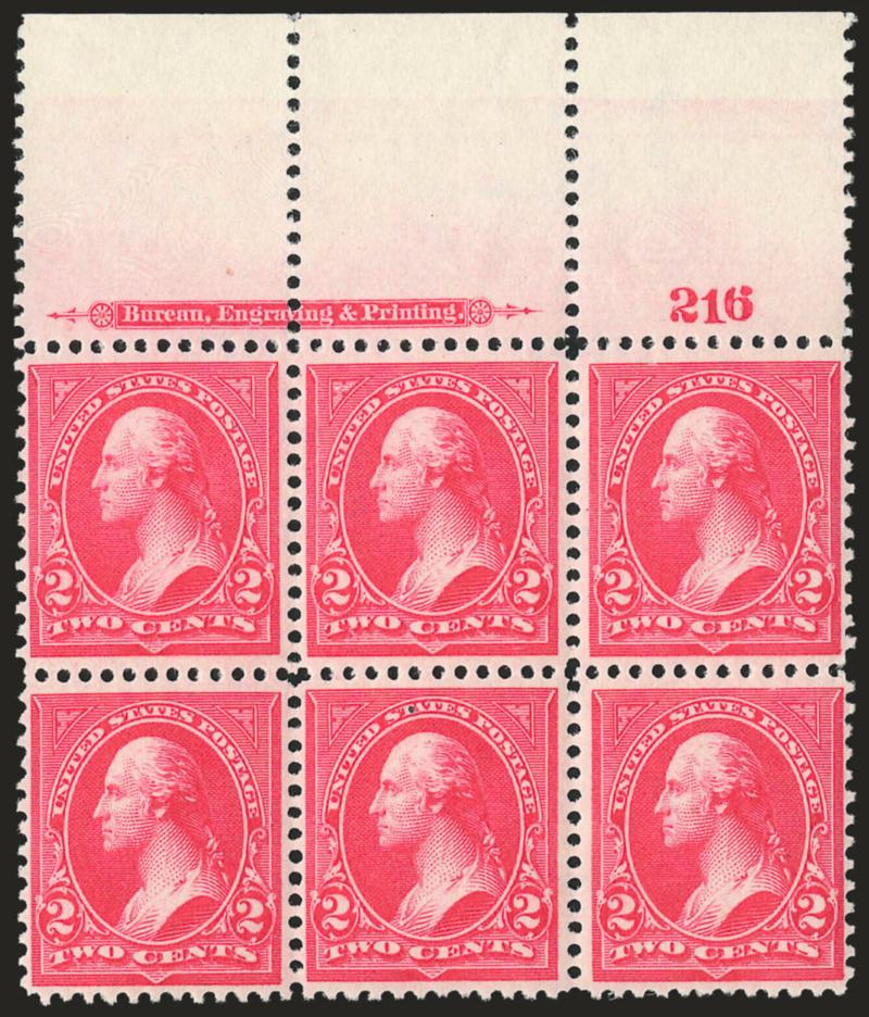 2c Carmine, Ty. III (267).> Mint N.H. wide top imprint and plate no. 216 block of six, brilliant state of freshness, vivid color, Extremely Fine Gem