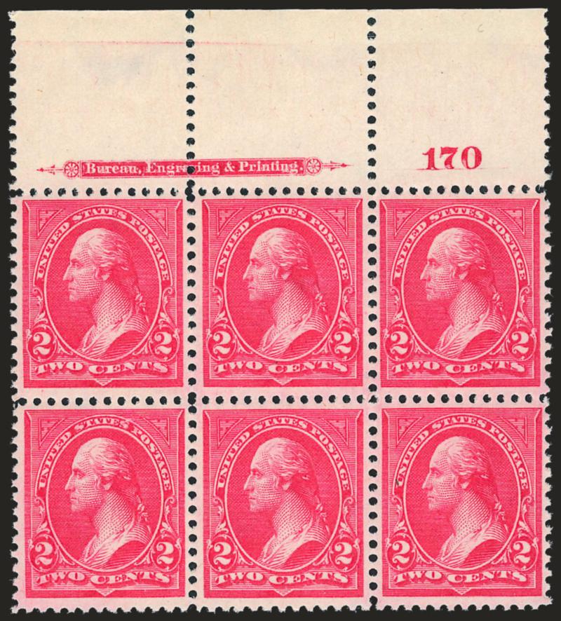2c Carmine, Ty. III (267).> Mint N.H. top imprint and plate no. 170 block of six, incredibly well-centered, vivid color, Extremely Fine, a relatively inexpensive plate block but rare in this high quality, with
2008 P.S.E. certificate