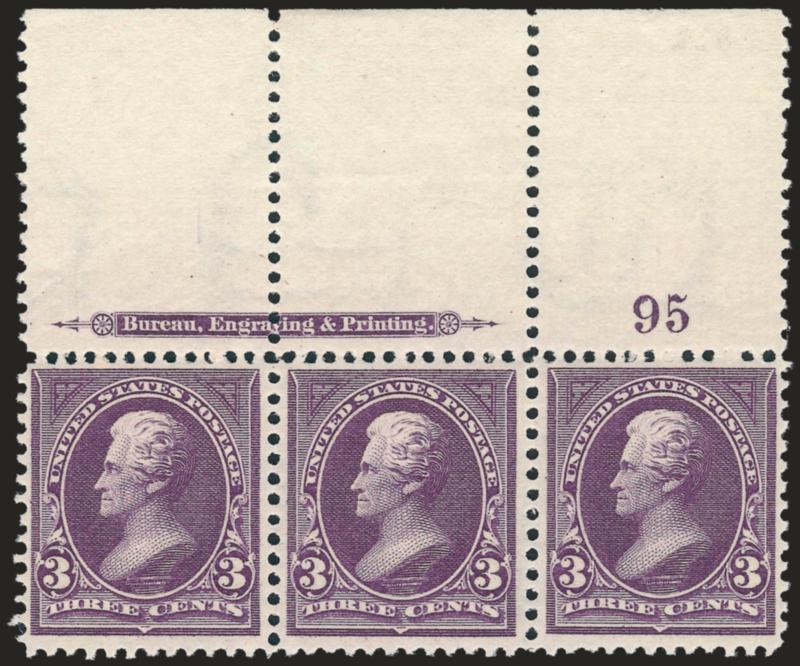 3c Purple (268).> Mint N.H. wide top imprint and plate no. 95 strip of three, fresh and bright, Fine-Very Fine