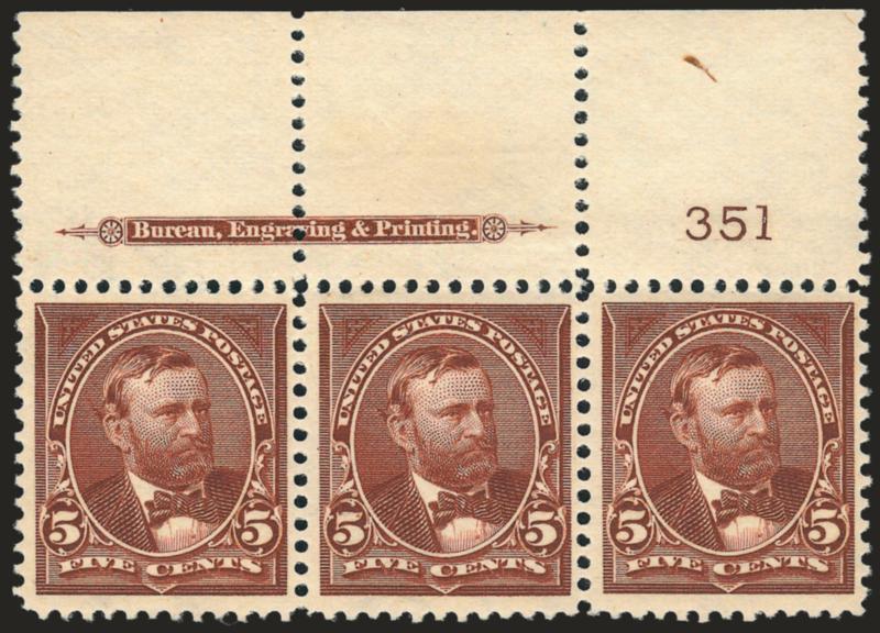 5c Chocolate (270).> Mint N.H. top imprint and plate no. 351 strip of three, outstanding color and impression, crisp and intact, Fine-Very Fine, pretty strip, with 1984 P.F. certificate