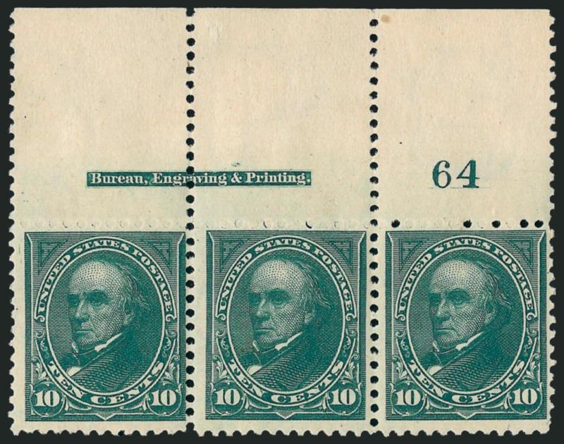 10c Dark Green (273).> Mint N.H. wide top imprint and plate no. 64 strip of three, incredibly fresh and crisp, single short perf bottom right, otherwise Fine strip