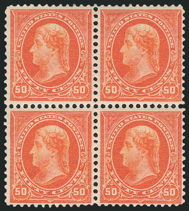 50c Orange (275).> Block of four, original gum, vibrant color without any oxidation, reperfed at bottom, Very Fine appearance