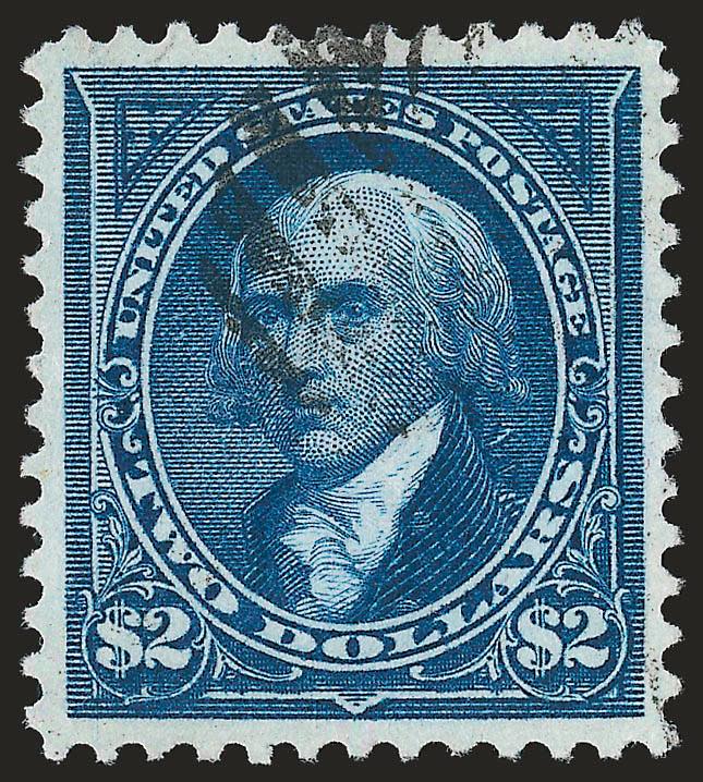 $2.00 Bright Blue (277).> Balanced margins and almost perfectly centered, magnificent color, small part of grid duplex cancel, Extremely Fine, an exceptionally choice used example, the $2.00 1895 Bureau is
difficult to find lightly cancelled and well