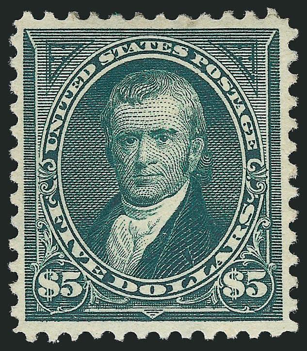 $5.00 Dark Green (278).> Original gum, lightly hinged, radiant color, well-balanced margins<><>^VERY FINE AND CHOICE ORIGINAL-GUM EXAMPLE OF THE $5.00 1895 WATERMARKED BUREAU ISSUE.^<><>With 1985 P.F. and 2008
P.S.E. certificates (VF 80 SMQ $2,4