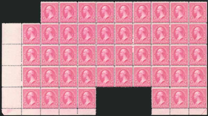 2c Rose Carmine, Ty. IV (279Bc).> Mint N.H. irregular block of 46, wonderfully fresh with strong rich color, perfs clear to ever so slightly into design, a Fine and important Bureau multiple, suitable for
exhibition