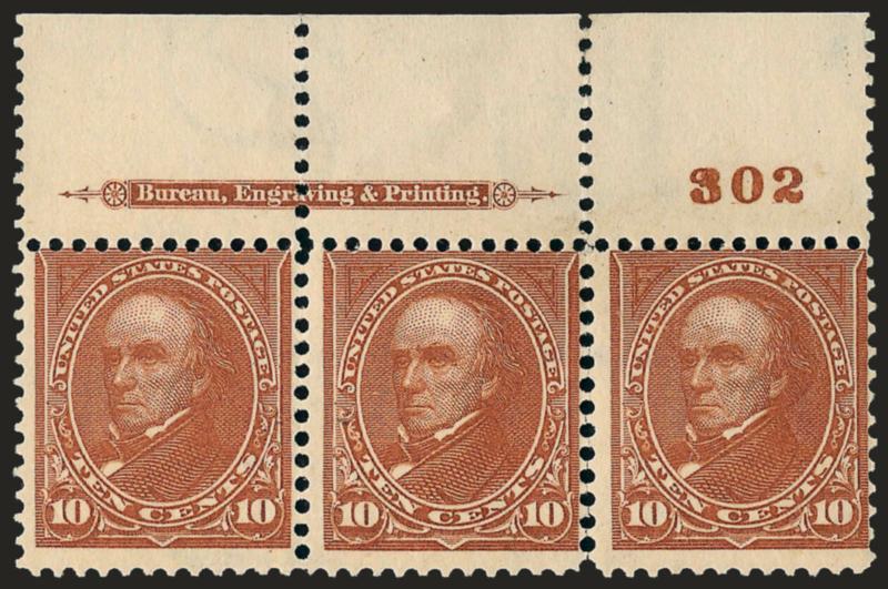 10c Brown, Ty. I (282C).> Top imprint and plate no. 302 strip of three, original gum, center and right barest trace of hinging, left stamp Mint N.H., some separation, Very Good, Scott Retail as two hinged and
one Mint N.H. singles