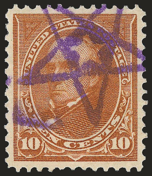 10c Orange Brown, Ty. II (283).> Incredibly wide and perfectly balanced margins, bright color with a striking <purple 5-point Star within Star cancel,> Extremely Fine Gem, a truly rare stamp to find in gem used
condition, with 2008 P.S.E. certificate