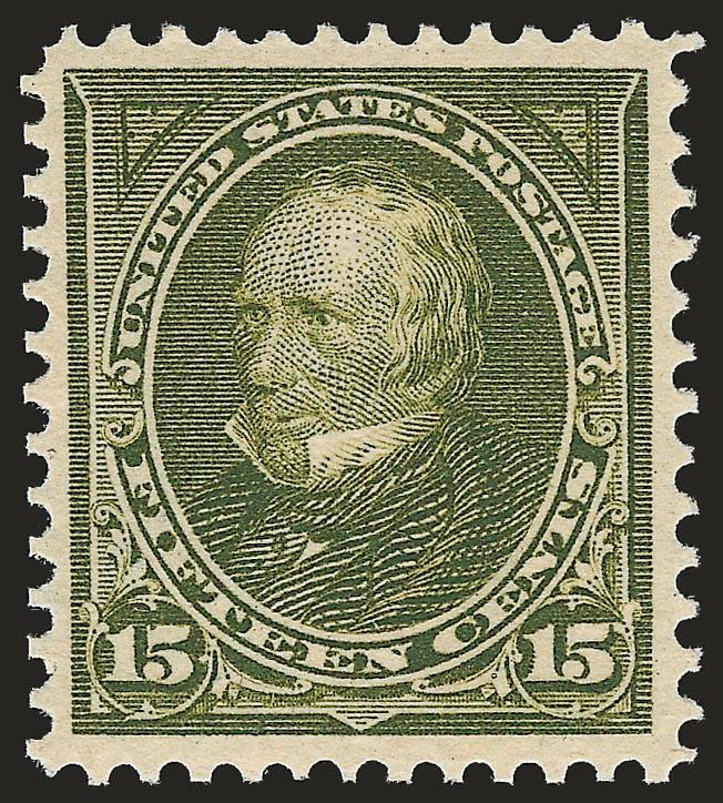 15c Olive Green (284).> Mint N.H., beautiful margins and choice centering, wonderfully fresh and bright, Extremely Fine, very difficult to find in this premium grade and in Mint Never-Hinged condition, with
2007P.S.E. certificate (XF 90 SMQ $1,750.0