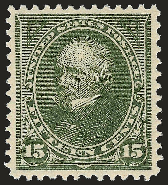 15c Olive Green (284).> Mint N.H., unusually wide margins and almost perfectly centered, fresh, rich color on bright white paper, Extremely Fine, surprisingly difficult to find this nice and close to a 95 in
our opinion, with 2008 P.S.E. certificate
