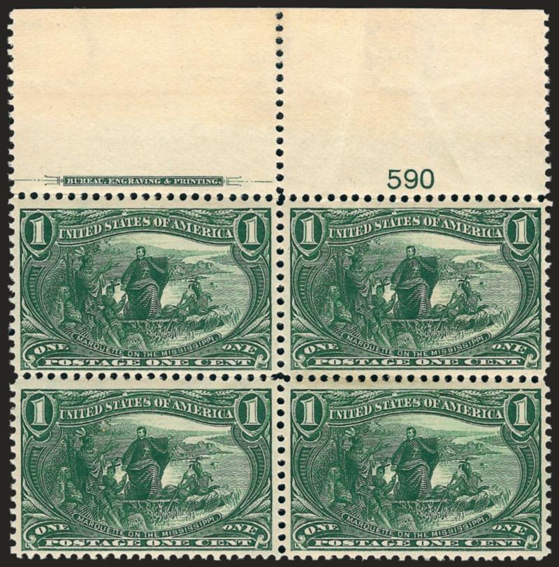 1c Trans-Mississippi (285).> Imprint and plate no. 590 block of four, stamps are Mint N.H. (lightly hinged in selvage), rich color, some gum skips and light wrinkles, otherwise Very Fine, Scott Retail as Mint
N.H. singles