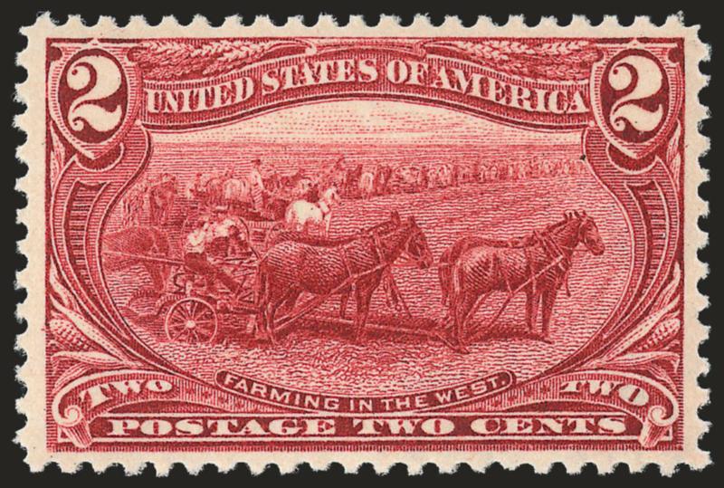 2c Trans-Mississippi (286).> Mint N.H., pretty margins and exceptional centering, bright color and sharp impression, Extremely Fine, lovely quality, with 2008 P.S.E. certificate (XF 90 SMQ $285.00)