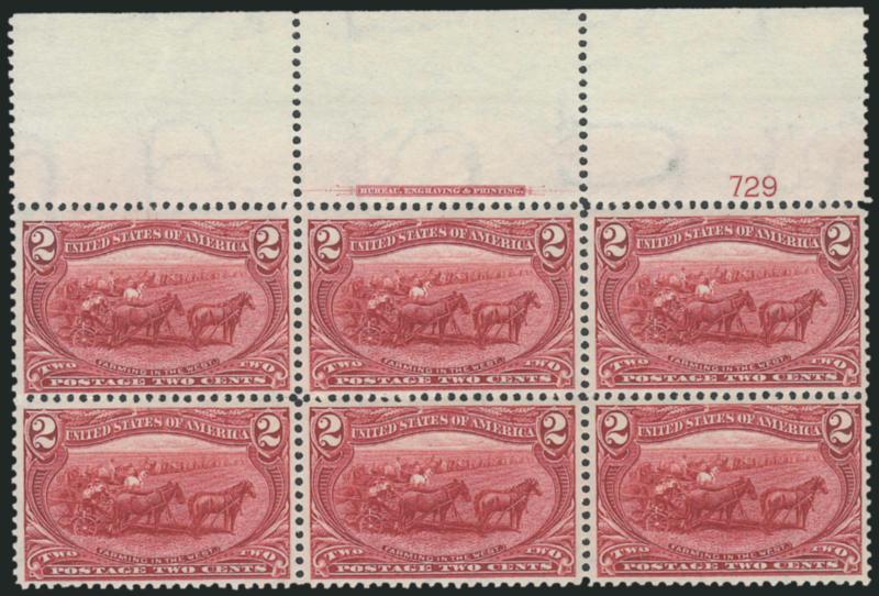 2c Trans-Mississippi (286).> Mint N.H. top imprint and plate no. 729 block of six with wide selvage, extraordinarily choice centering throughout, rich color, fresh and Extremely Fine, a magnificent plate block
of this popular commemorative issue