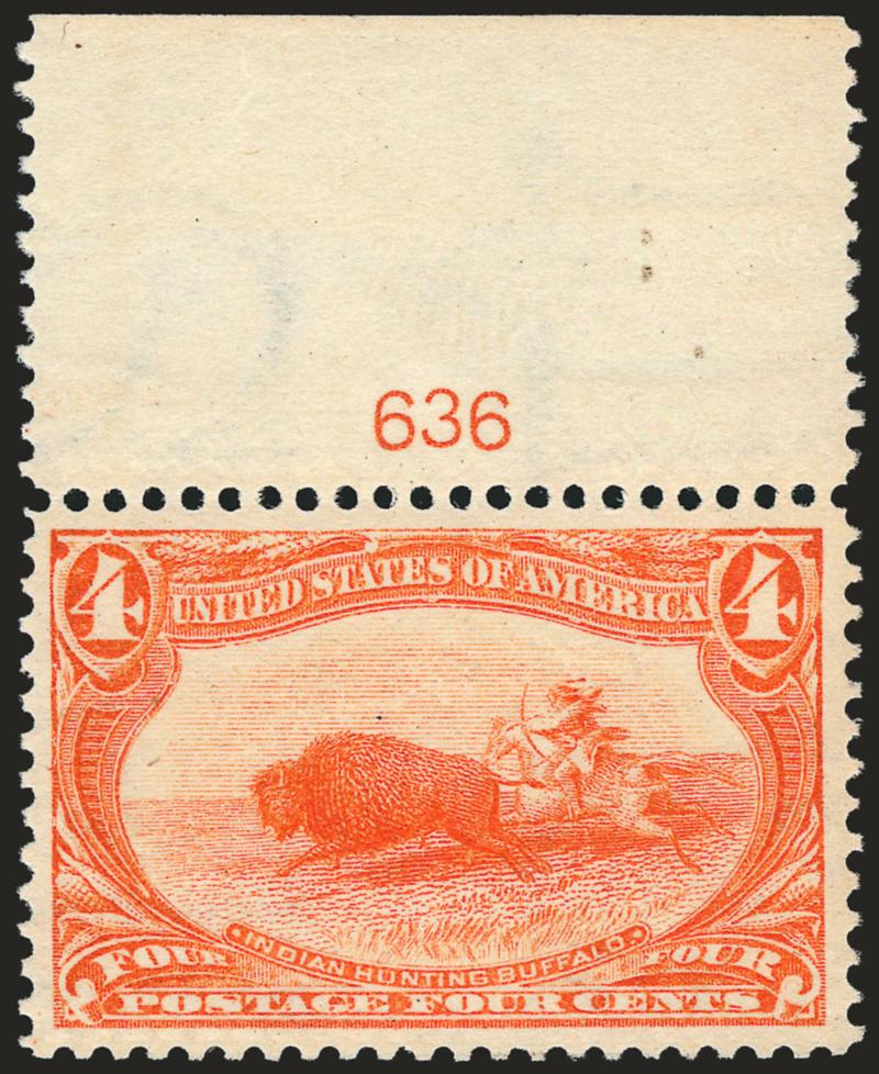 4c Trans-Mississippi (287).> Mint N.H. with <plate no. 636> at top, vibrant color as fresh as the day it was printed<><>^EXTREMELY FINE GEM. A SUPERB MINT NEVER-HINGED PLATE NUMBER SINGLE OF THE 4-CENT
TRANS-MISSISSIPPI ISSUE.^<><>With 2005 P.S.E