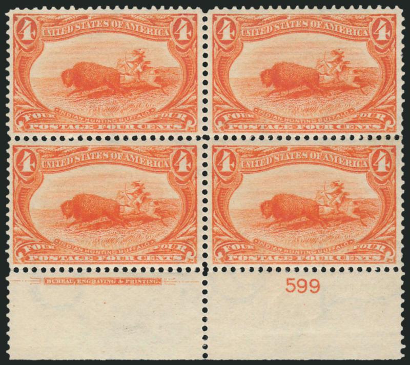 4c Trans-Mississippi (287).> Bottom imprint and plate no. 599 block of four, original gum, vibrant color, few black specks on back of right pair and nibbed perf at upper right, otherwise Very Fine